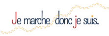 Logo du projet Je marche donc je suis, texte bleu et rouge traversé par une ligne de pas jaunes symbolisant la marche initiatique de Céline Anaya Gautier